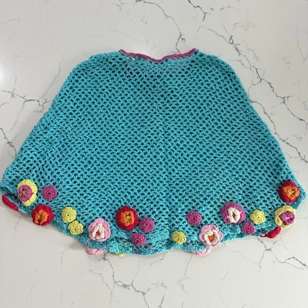 Kids Vintage Flapdoodles Pink and Blue Crochet Flowers Poncho 90s size 6